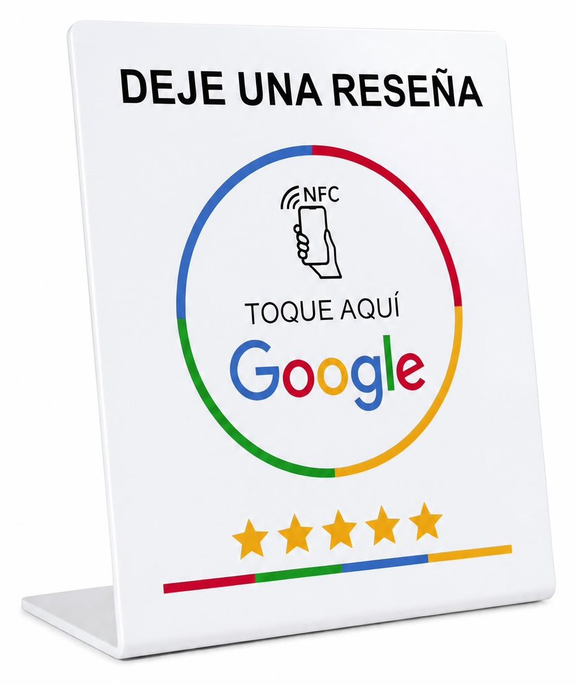 Cartel NFC de reseñas de Google con el texto «Deje una reseña, toque aquí»