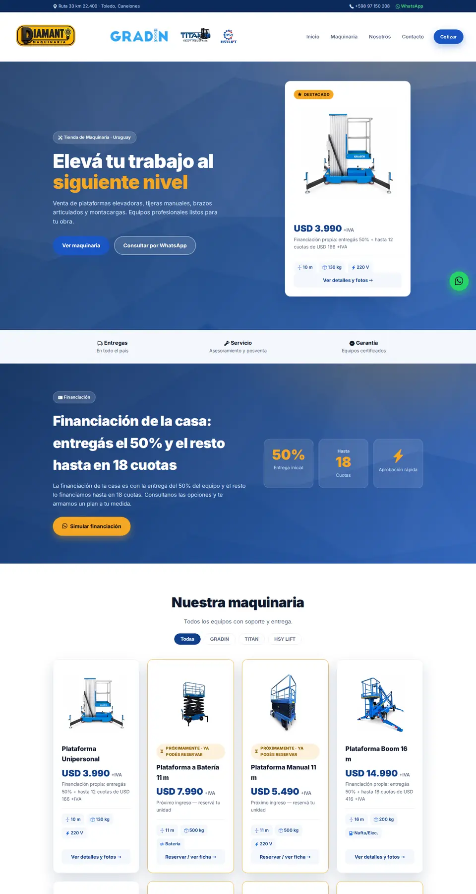 Inicio de GRADIN: tienda de maquinaria con plataformas elevadoras y financiación